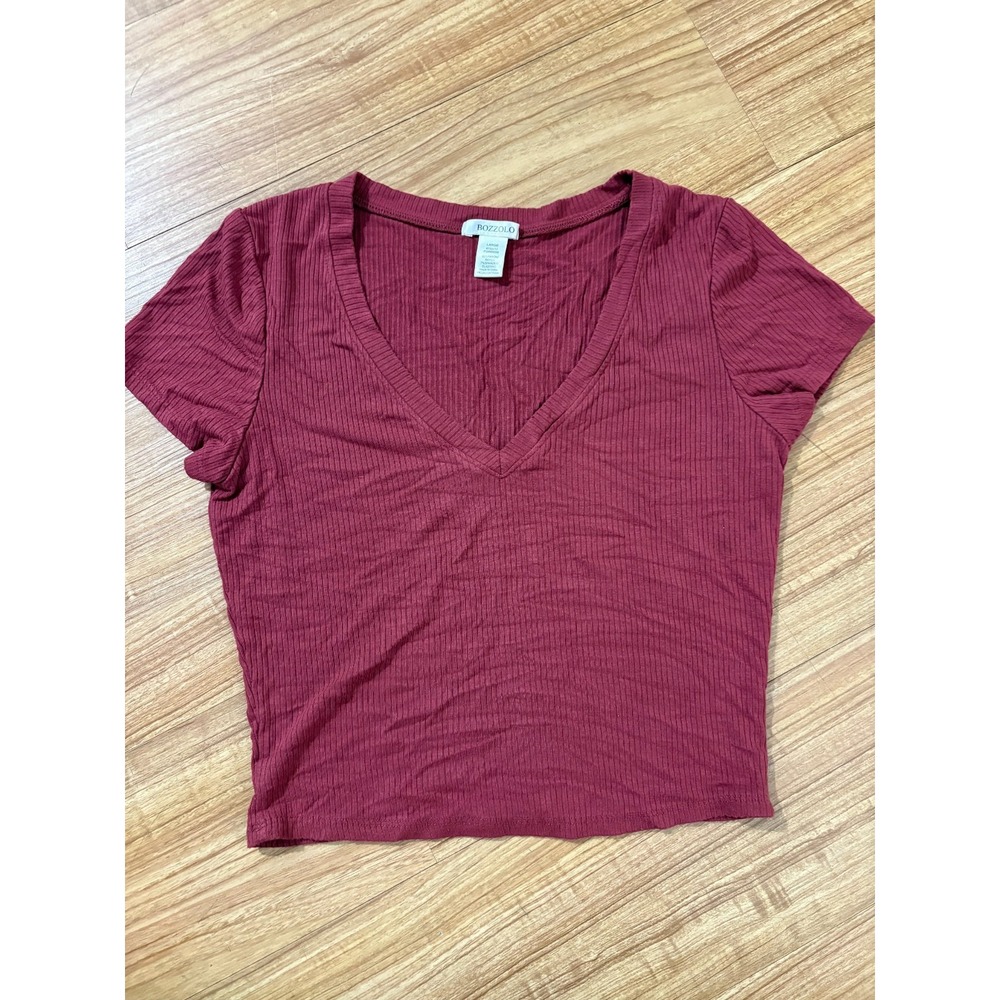 Bozzolo Ribbed Crop Top Tee Dark Pink/Maroon V-neck Soft & Stretch Short‎ Sleeve